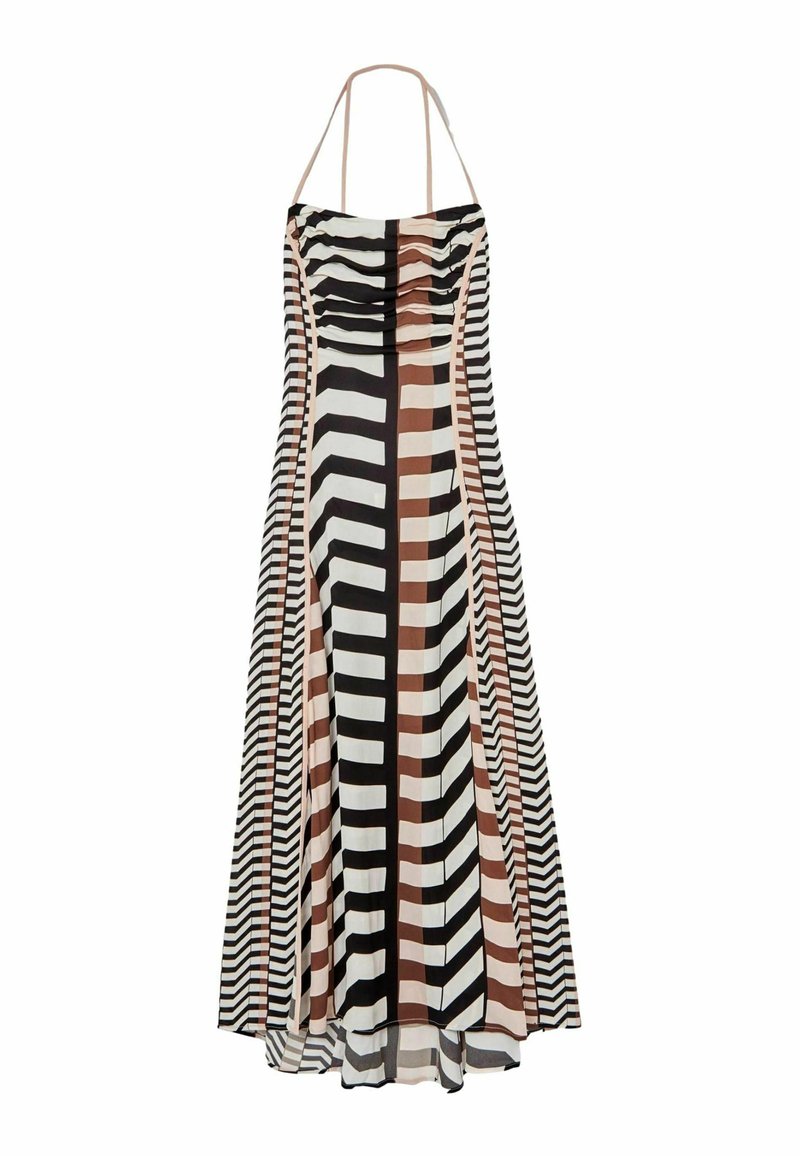 Trägerloses Kleid mit dünnen Schulterträgern, das vertikale schwarz-, braun- und weißfarbene Zickzack- und Streifenmuster, ein gerafftes Oberteil und einen ausgestellten Saum aufweist.