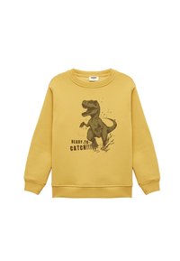 Żółta bluza z okrągłym dekoltem, długimi rękawami i ściągaczami przy mankietach. Posiada grafikę dinozaura i napis "GOTOWY, ABY TO ZŁAPAĆ".