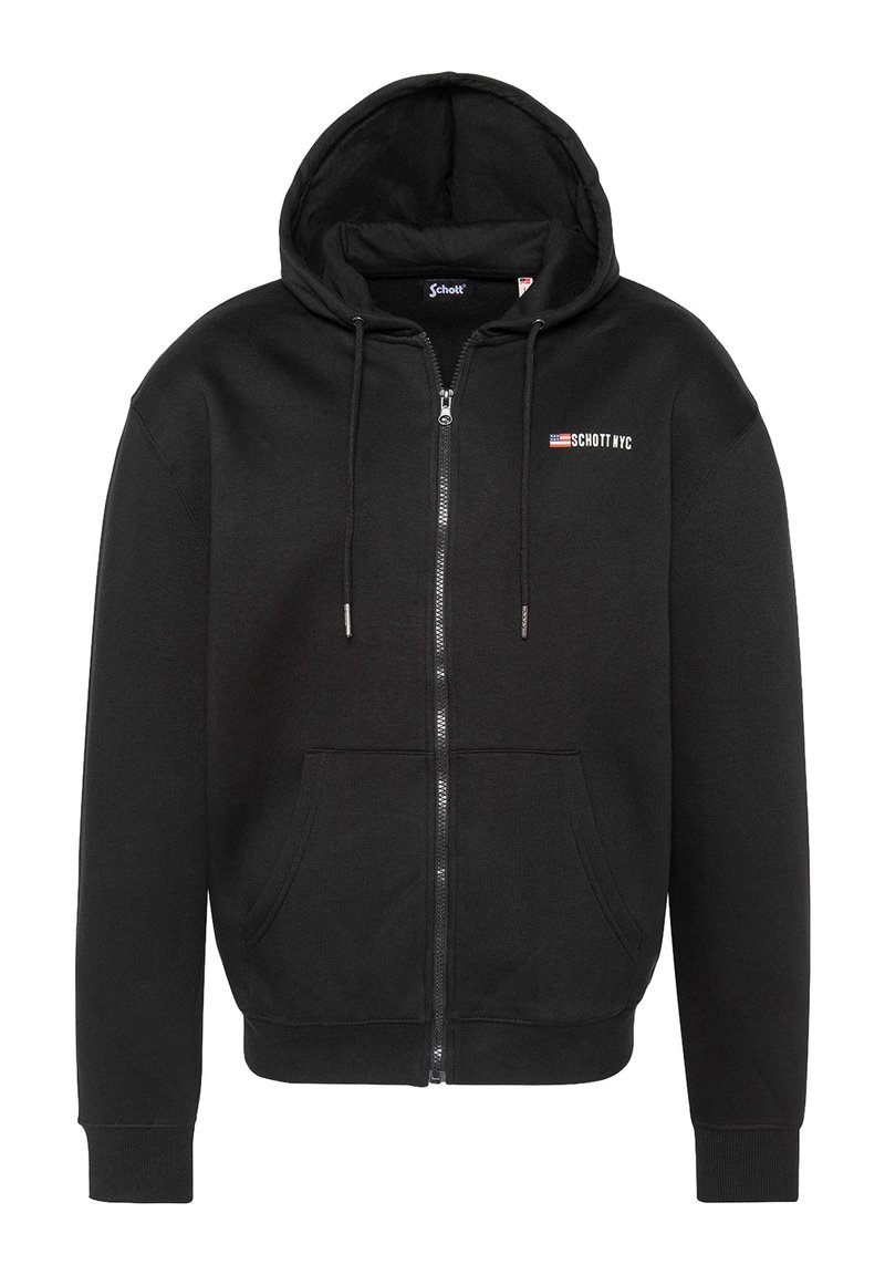 Felpa nera con zip realizzata in un mix di cotone. Caratterizzata da una tasca frontale, cordini al cappuccio e un piccolo logo sul petto.