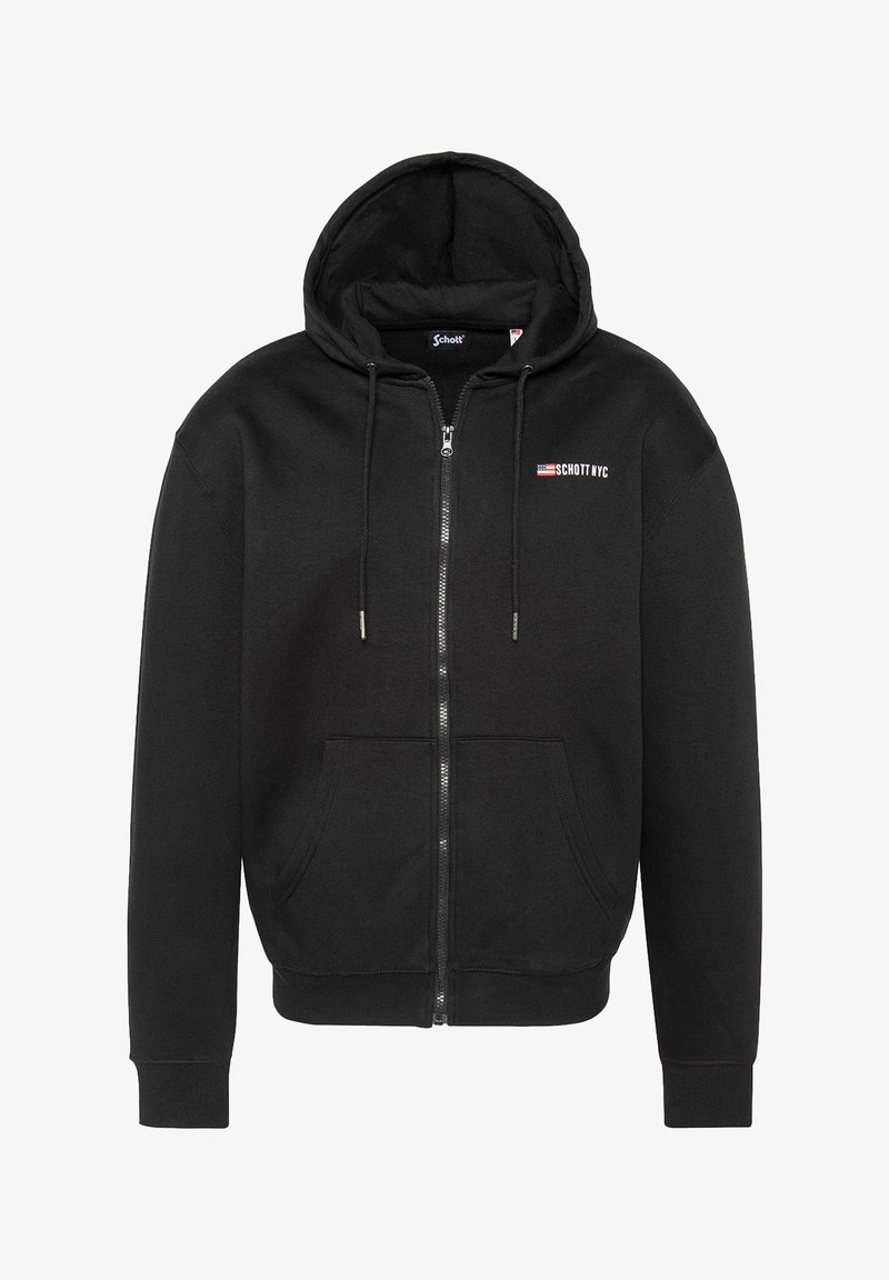 Hoodie zippé noir en mélange de coton. Comprend une poche avant, des cordons au niveau de la capuche et un petit logo sur la poitrine.
