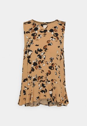 Blusa beige sin mangas con corte holgado, con un diseño abstracto de manchas negras, blancas y marrones, y un dobladillo con volantes.