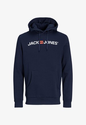 Tumši zils kapucis ar mīkstu audumu, priekšējā kangaroo kabata, regulējami aukliņi un balts logo, kas drukāts uz krūškurvja.