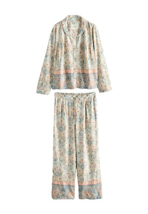 Langärmeliges Pyjama-Oberteil mit Knöpfen und Kordelzug-Hose mit cremefarbenem Hintergrund, Blumenmuster in pastellblau, rosa und pfirsichtönen.