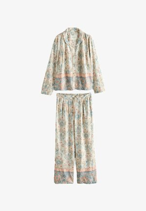 Long-sleeve button-up pajama top and drawstring pants with cream background, floral patterns in pastel blue, pink, and peach tones.