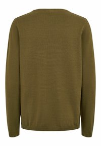 Pull vert olive à manches longues avec col rond, tissu en maille unie et poignets et bas-côte côtelés, présenté de dos.