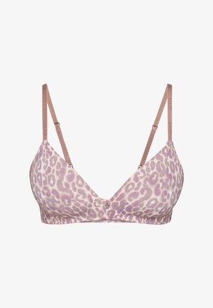 Hellrosa BH mit lila Leopardenflecken, verstellbaren hellrosa Trägern und einem kleinen zentralen dekorativen Anhänger.
