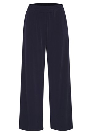 Navy blue wide-leg pants with an elastic waistband. Made from soft fabric, featuring a relaxed fit and smooth texture.