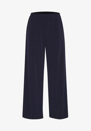 Navy blue wide-leg pants with an elastic waistband. Made from soft fabric, featuring a relaxed fit and smooth texture.