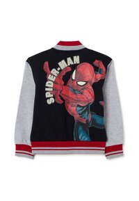 Zwart en grijze sweatshirtjack met een grote Spider-Man grafiek. Geribbelde rode kraag en manchetten, textuurstof met sportieve strepen.