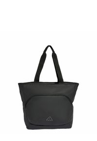 Svart nylon tote-väska med två robusta handtag, en framficka med dragkedja och en subtil logotyp. Designen är enkel och funktionell.