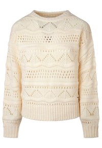 Krämfärgad stickad tröja med geometriska öppenstickade mönster samt ribbade ärmmuddar och nederkant, med en rund halsringning.