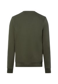 Olivgrüner Pullover aus weichem Material, mit Rundhalsausschnitt, gerippten Bündchen und glatter Textur ohne sichtbare Muster.