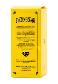 Gele verpakking doos voor GoldenBeards baardzeep, met zwarte tekst, diamanticoontjes en een ingrediëntenlijst in meerdere talen.