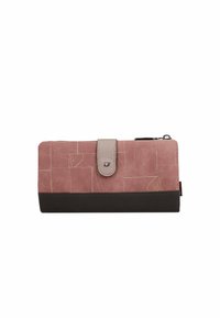 Billetera rosa y marrón, con un acabado texturizado, patrones en relieve, cierre de botón y una sección con cremallera en la parte superior.