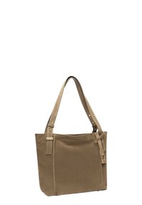 Borsa tote in camoscio marrone con due tracolle regolabili, forma rettangolare, texture liscia e un delicato accento logo sulla parte anteriore.