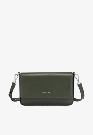 Green leather crossbody bag with a sleek design, silver-tone hardware, adjustable strap, and embossed logo on the front.