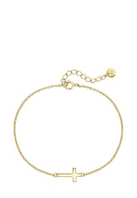 Auksinės spalvos apyrankė su delikatesne grandinėle ir centriniu kryžiaus pakabuku. Yra reguliuojamas užsegimas ir mažas apvalus akcentas šalia užsegimo.