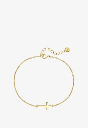 Goldfarbener Armband mit einer zarten Kette und einem zentralen Kreuzanhänger. Verfügt über einen verstellbaren Verschluss und einen kleinen runden Akzent in der Nähe des Verschlusses.