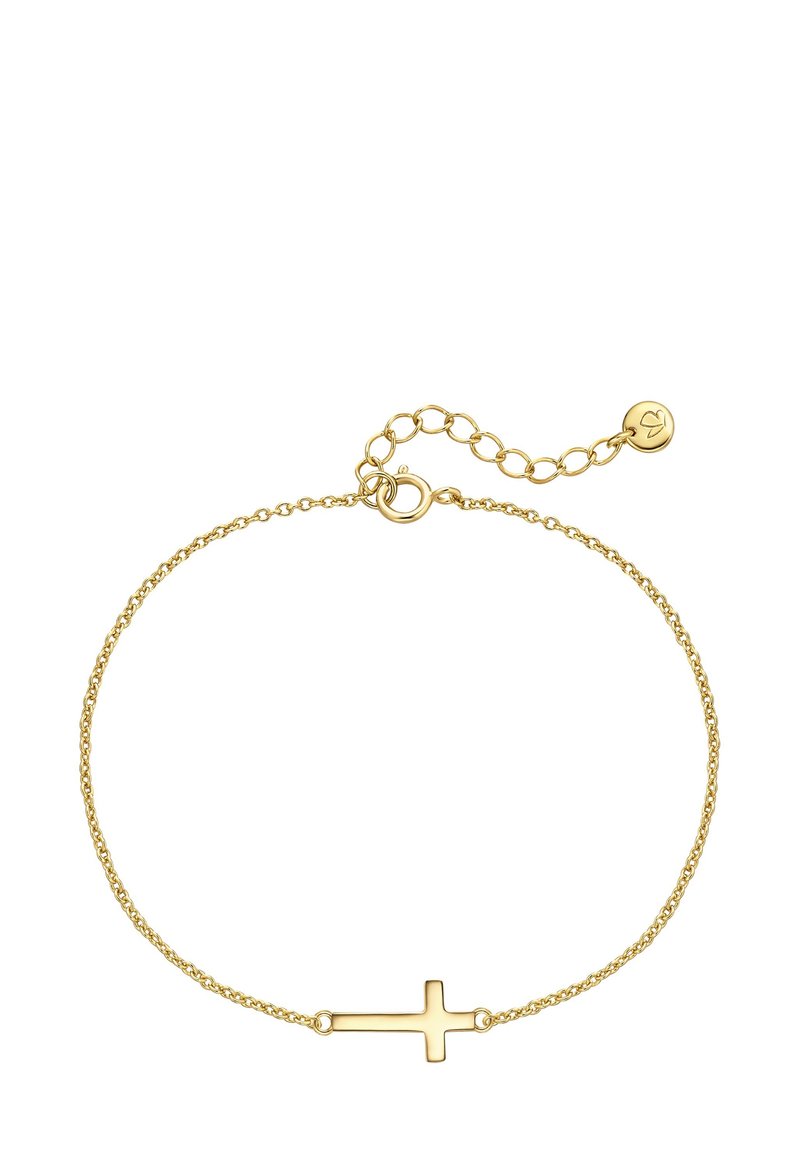 Auksinės spalvos apyrankė su delikatesne grandinėle ir centriniu kryžiaus pakabuku. Yra reguliuojamas užsegimas ir mažas apvalus akcentas šalia užsegimo.