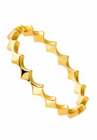 Anillo de oro con un diseño ondulado que presenta formas de picos alternos, textura suave y un acabado pulido. Adecuado para uso casual o formal.