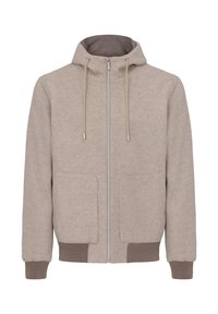 Beige zip-up hoodie lavet af blødt stof, med en hætte, to frontlommer, ribbede manchetter og en glat lynlås med strukturerede detaljer.