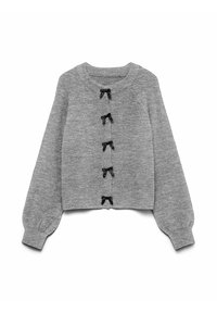 Szary krótki sweter z długimi rękawami, ozdobiony czarnymi kokardkami wzdłuż zapięcia na guziki. Miękki dzianinowy materiał, ściągacze na mankietach.