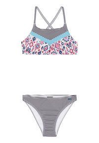 Multikleurige bikini-set met een top met bloemenpatroon en kruisbandjes en een gestreepte onderkant. Gemaakt van rekbare zwemstof.