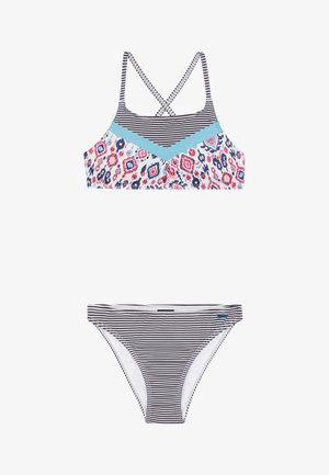 Multikleurige bikini-set met een top met bloemenpatroon en kruisbandjes en een gestreepte onderkant. Gemaakt van rekbare zwemstof.