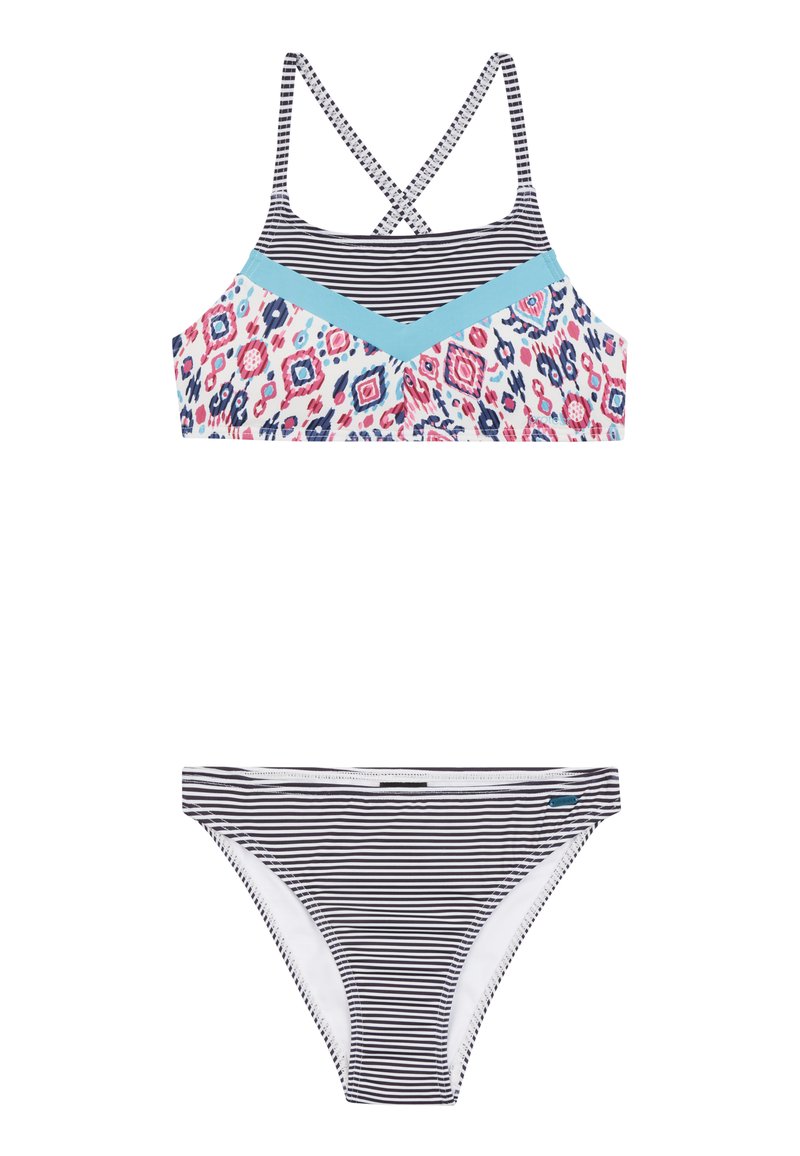 Multikleurige bikini-set met een top met bloemenpatroon en kruisbandjes en een gestreepte onderkant. Gemaakt van rekbare zwemstof.