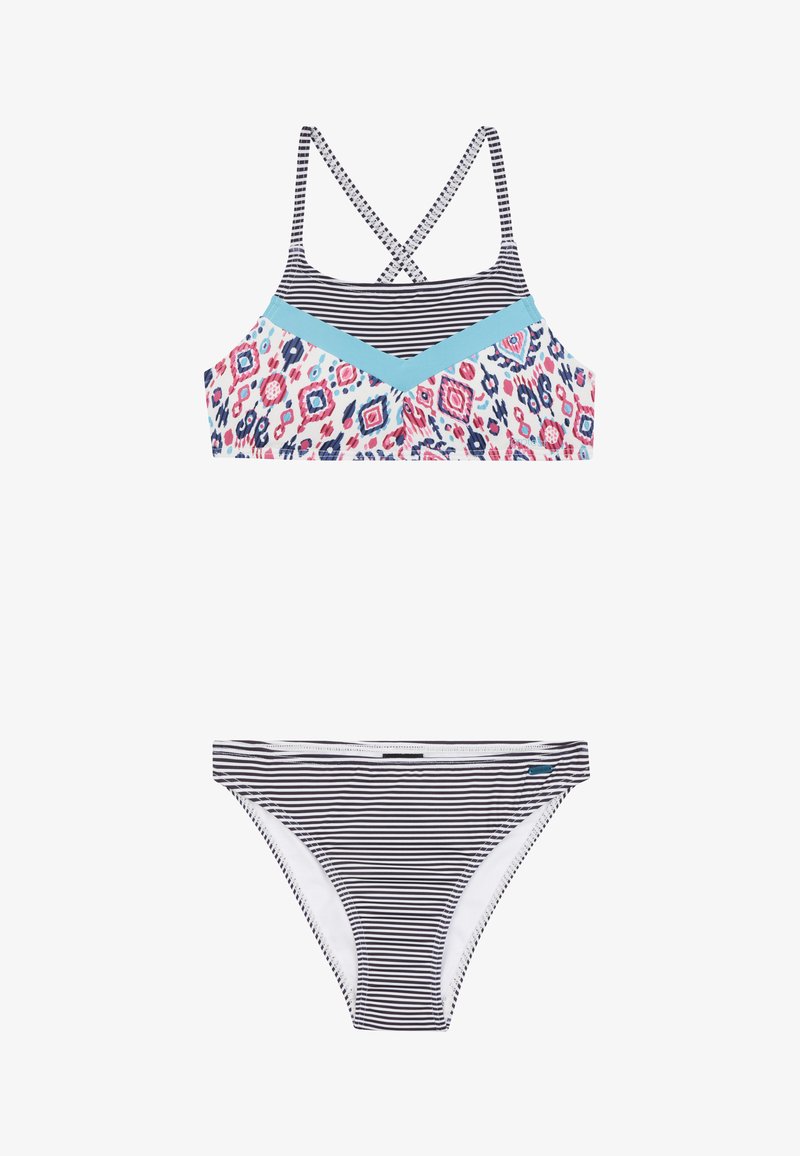 Vícebarevný bikinový set s květinovým topem a křížovými ramínky a pruhovanými kalhotkami. Vyrobeno z elastického plavkového materiálu.