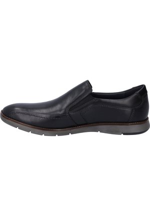 Black leather slip-on shoe with a smooth finish, subtle stitching, and textured accents, featuring a low-profile rubber sole.
