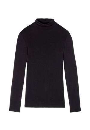 Camisa negra de cuello alto hecha de tela suave, con mangas largas y un cuello relajado. Textura lisa con una silueta ajustada.