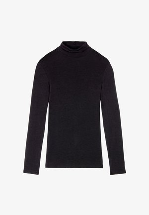 Zwarte coltrui gemaakt van zachte stof, met lange mouwen en een relaxte kraag. Gladde textuur met een aangesloten silhouet.