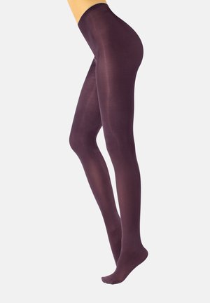 Pantys opacos de color púrpura con una textura suave y una cinturilla alta, que se extienden desde la cintura hasta el tobillo, diseñados para un ajuste ceñido.
