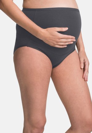 Mutandine da gravidanza grigio scuro con vita alta, tessuto liscio, materiale elastico e un pannello di supporto per il comfort intorno alla pancia.