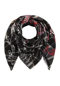 Foulard triangulaire noir avec motif à carreaux gris et motifs abstraits en lignes rouges, blanches et beiges, plié en forme circulaire.