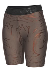 Brown athletic shorts feature a glossy copper swirl pattern, made from stretchy material, with a thick black branded waistband.