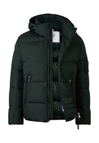 Dark green puffer jacket with hood, zippered front, and chest pocket. Features a quilted design and soft interior lining.