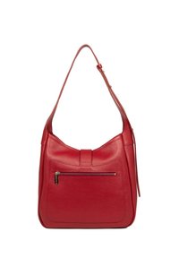 Borsa a spalla rossa in pelle con finitura testurizzata, tasca frontale con zip e una sola tracolla regolabile. Silhouette arrotondata con flap superiore.