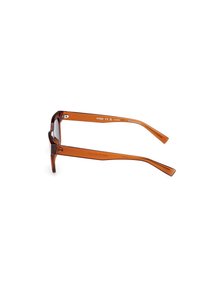 Ochelari de soare din plastic maro cu un cadru rectangular și brațe drepte. Brațele au un detaliu de canelură și logo pe interior.
