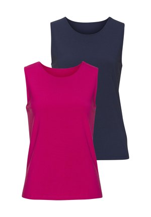 Dos camisetas sin mangas: una en fucsia y otra en azul marino. Ambas tienen escotes redondos y una tela suave y elástica.