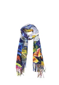 Foulard colorato a motivi con una combinazione di blu, verde, giallo e rosa, con bordi frangiati. Realizzato in tessuto leggero.