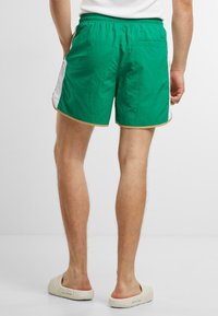 Shorts de bain verts en tissu texturé, avec des rayures latérales blanches, des bordures dorées et une taille élastique. À l'arrière, un petit poche.