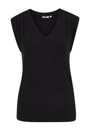 Melns bezrokains sieviešu tops ar V veida kakla izgriezumu un smalkām plecu krokojumiem, izgatavots no mīksta, gluda auduma.