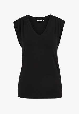 Crna ženska majica bez rukava s V-izrezom i suptilnim naborima na ramenima, izrađena od mekanog, glatkog materijala.
