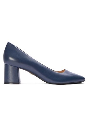 Navy blue leather high-heeled shoe with a rounded toe and a chunky, square heel. Smooth texture and minimalistic design.