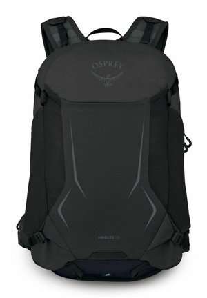 Schwarzer Osprey Hikelite 28 Wanderrucksack mit gepolsterten Schultergurten und seitlichen Kompressionsriemen.