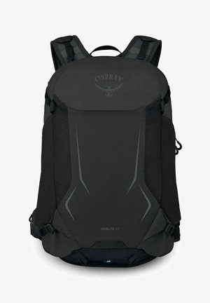Zwarte Osprey Hikelite 28 wandelrugzak met gevoerde schouderriemen en zijcompressiebanden.