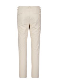 Beige broek met een rechte snit, elastische tailleband, twee achterzakken en een gladde textuur. Beschikt over subtiele stikseldetails.