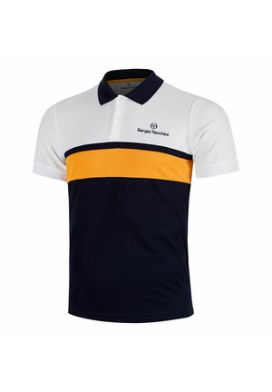 Camisa polo con un collar blanco y la parte superior del pecho, con una franja horizontal en azul marino y naranja. Fabricada en tejido suave, con un logo en el pecho.